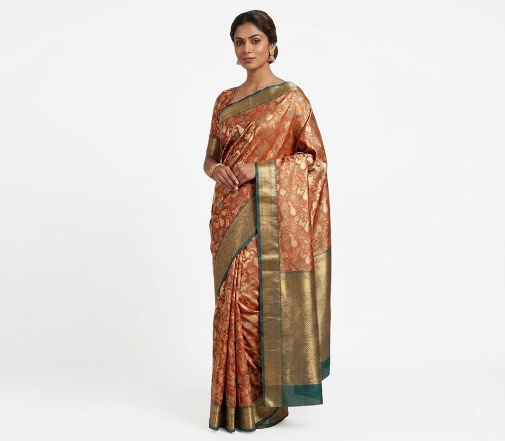 beautiful semi Kanchi Pattu Tissue saree with delicate butterfly and floral motifs, paired with a contrasting green tissue blouse.